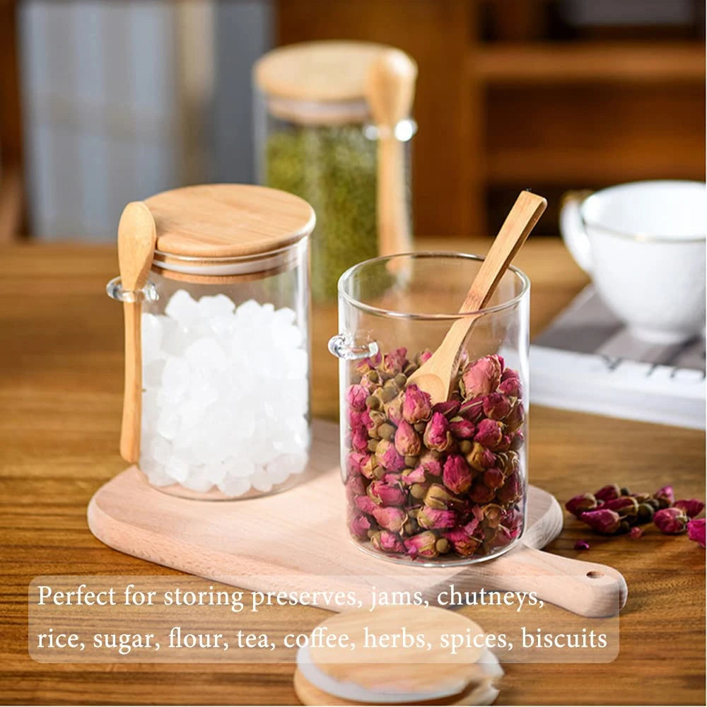 1/2/3/4pcs Airtight Glass Jars with Bamboo Lids and Spoons 18oz Transparent Glass Bulk Food Storage Jar for Spices, Beans, Tea