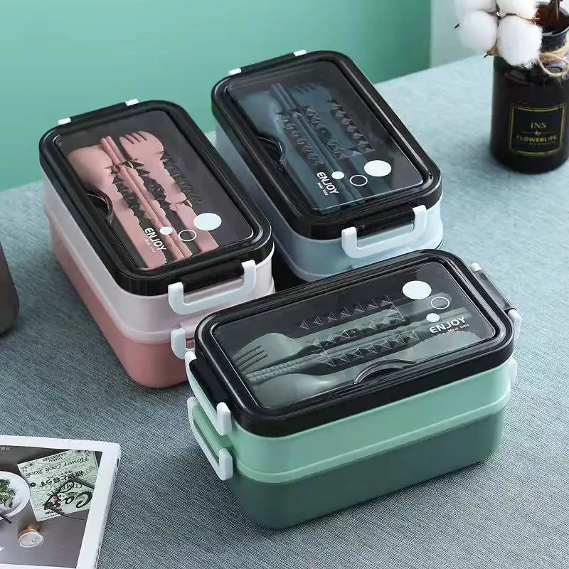 Double-layer Lunch Box With Fork Chopsticks And Spoon