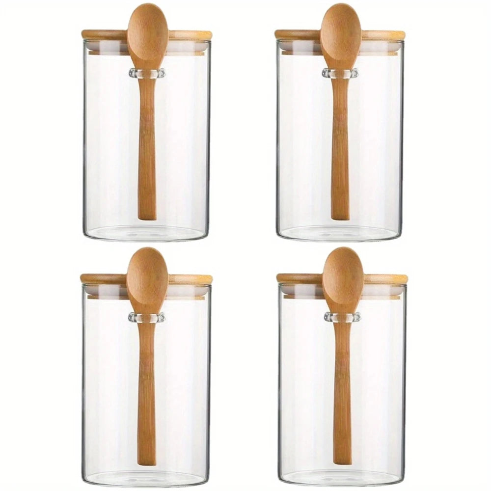 1/2/3/4pcs Airtight Glass Jars with Bamboo Lids and Spoons 18oz Transparent Glass Bulk Food Storage Jar for Spices, Beans, Tea